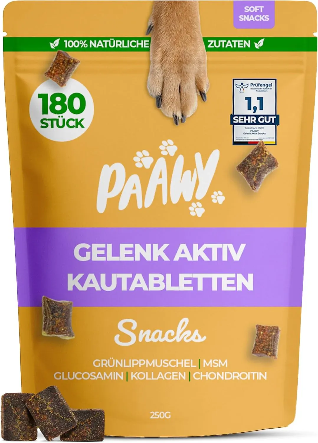 Paawy Gelenk-Aktiv Snacks Stingra Capital - Test SEHR GUT deutsche Marke - als Snacks mit Grünlippmuschel, MSM, Glucosamin, Chondroitin - sehr hohe Akzeptanz, natürlich, laborgeprüft - 180 Stück