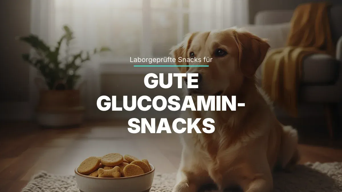 Tierarzt in warmer Praxis-Atmosphäre hält die Hundepfote, während im Hintergrund im Labor Glucosamin-Snacks in neutralen Probengefäßen geprüft werden.