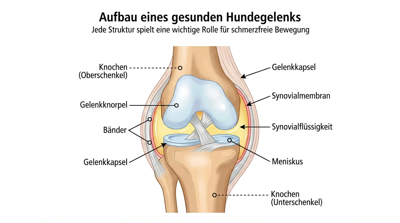 Gelenkaufbau im Querschnitt Infografik: Anatomischer Querschnitt eines gesunden Hundegelenks mit Knorpel, Synovialflüssigkeit, Gelenkkapsel und Bändern