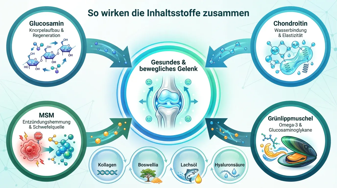 Inhaltsstoff-Synergie für Gelenke Infografik: Synergieeffekt von Glucosamin, Chondroitin, MSM und Grünlippmuschel für gesunde Hundegelenke
