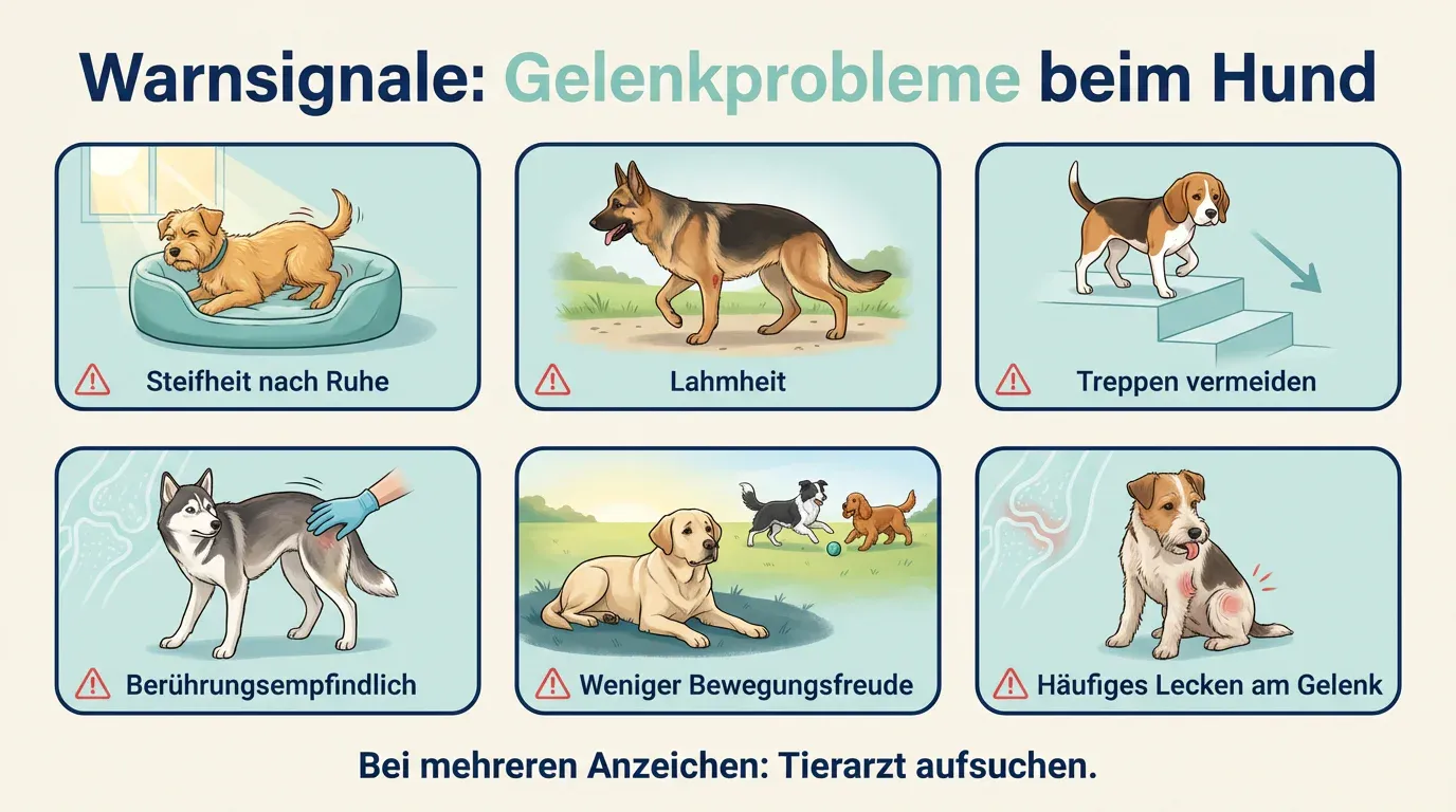 Warnsignale für Gelenkprobleme Infografik: 6 Warnsignale für Gelenkprobleme beim Hund – Steifheit, Lahmheit, Treppenvermeidung, Berührungsempfindlichkeit